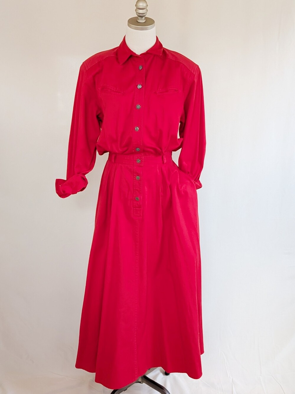The Carmen Denim Shirt Dress | 1990s Vintage Button Front Midi Dress w Pockets